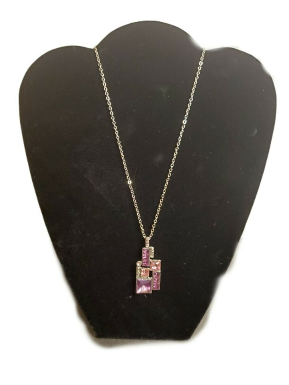 Vintage Jewelry Pink Rhinestone Pendant Necklace Square Geometric Silver Chain